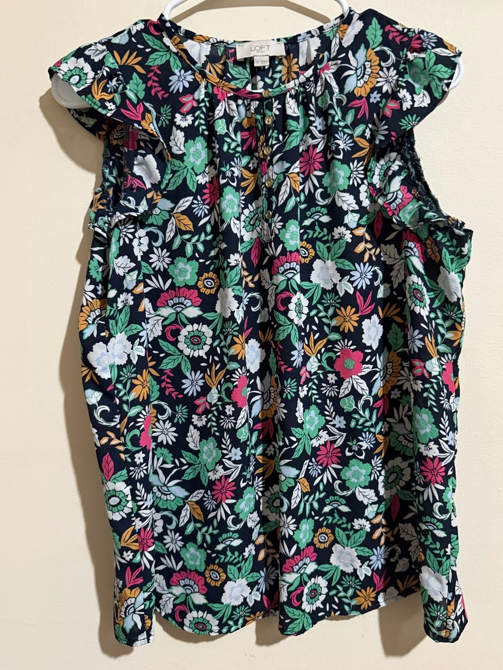 LOFT Floral Ruffle Sleeve Blouse in Black with Green, White, Pink & Gold Accents